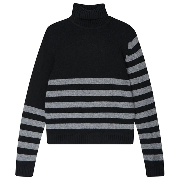 Cashmere Invert Stripe Roll Collar - Black/Mid Grey