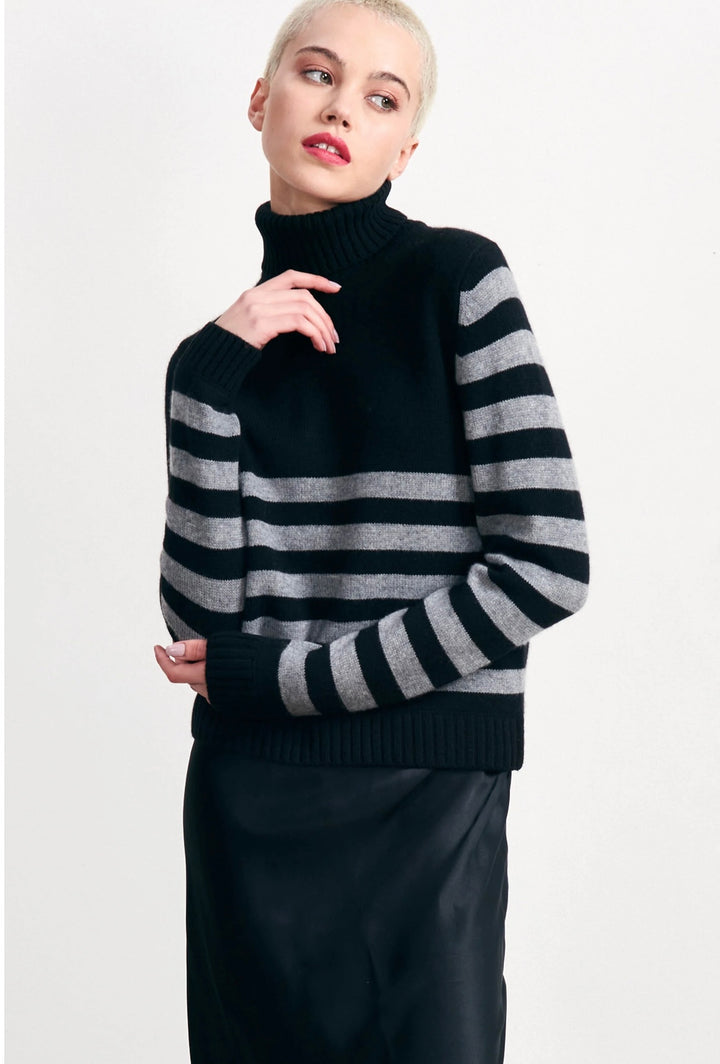 Cashmere Invert Stripe Roll Collar - Black/Mid Grey