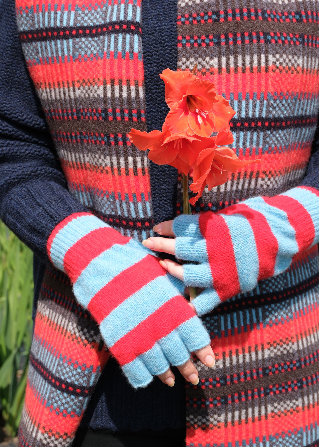Striped Fingerless Gloves - Red/Turquoise