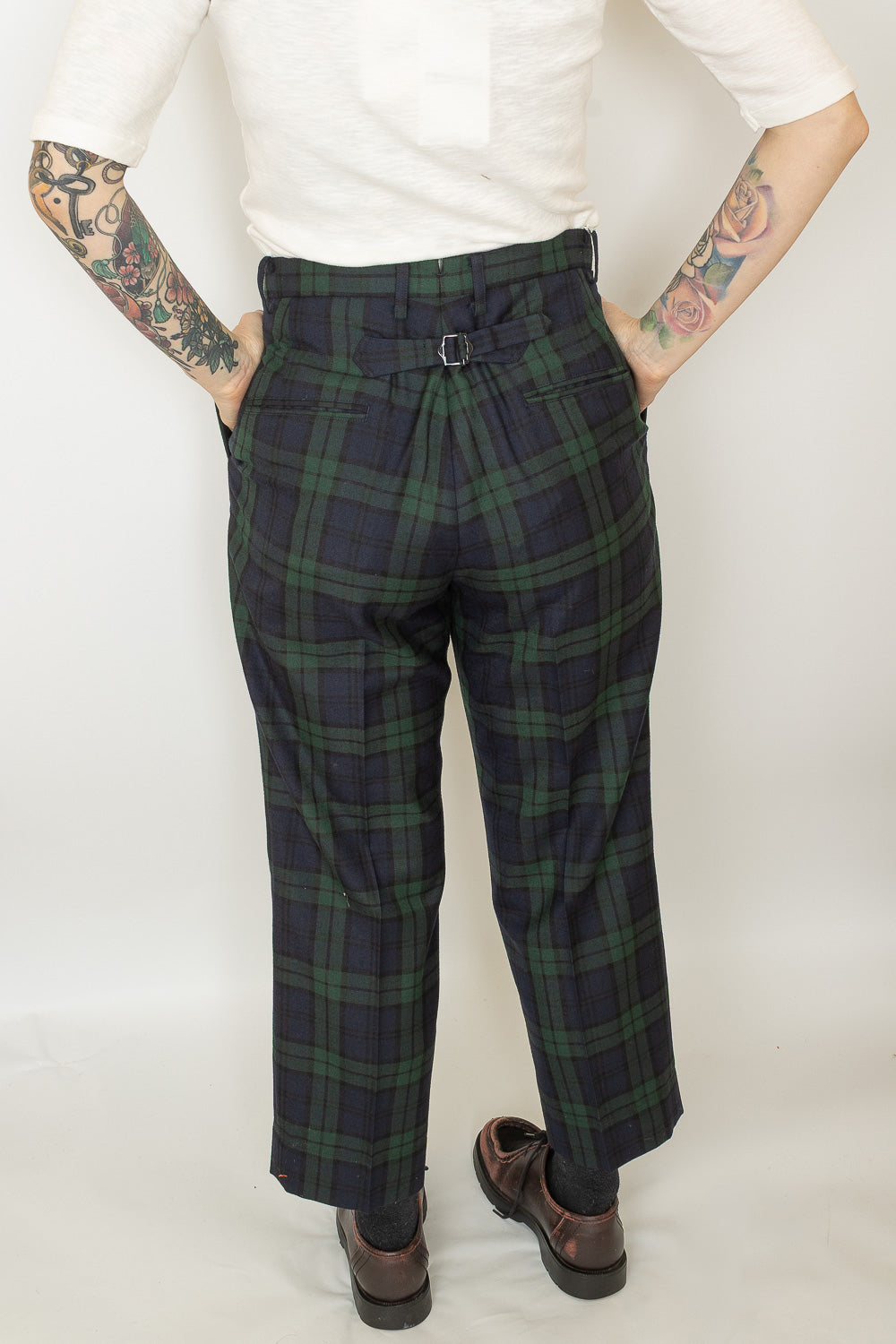 Polyester Wool Blend Cinch Buckle Trousers - Black Watch