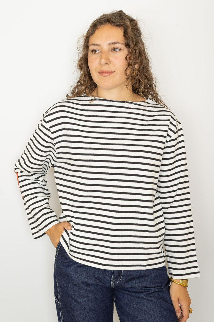 Elbow Patch Basque Long Sleeve T-Shirt - Black/White Stripe