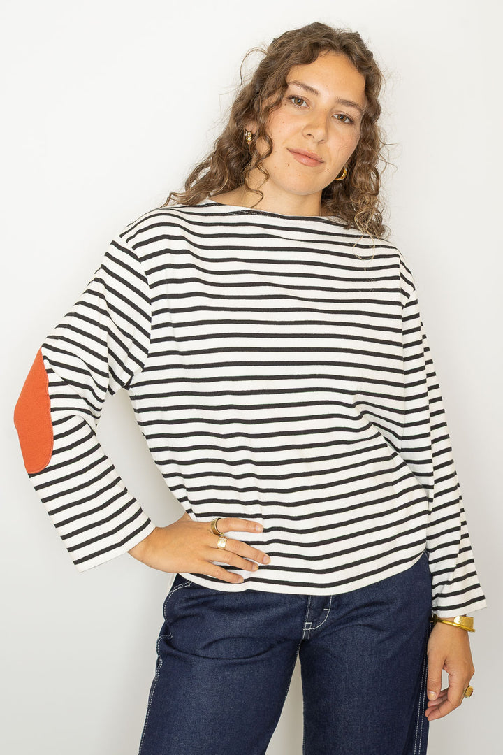 Elbow Patch Basque Long Sleeve T-Shirt - Black/White Stripe
