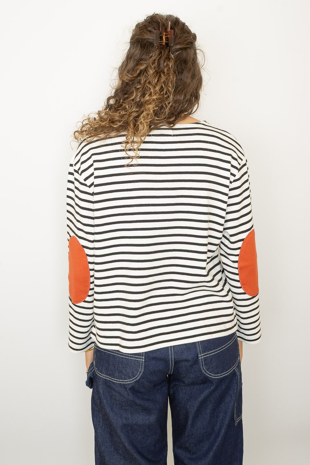 Elbow Patch Basque Long Sleeve T-Shirt - Black/White Stripe
