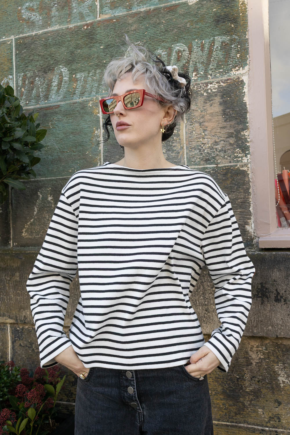 Elbow Patch Basque Long Sleeve T-Shirt - Black/White Stripe