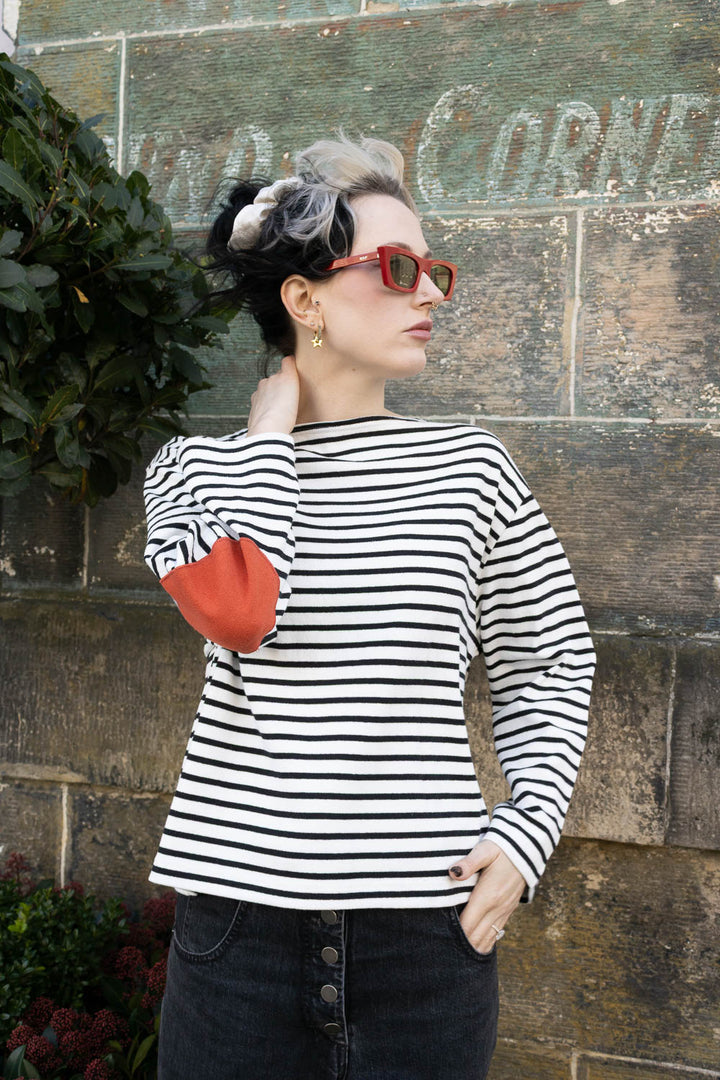 Elbow Patch Basque Long Sleeve T-Shirt - Black/White Stripe