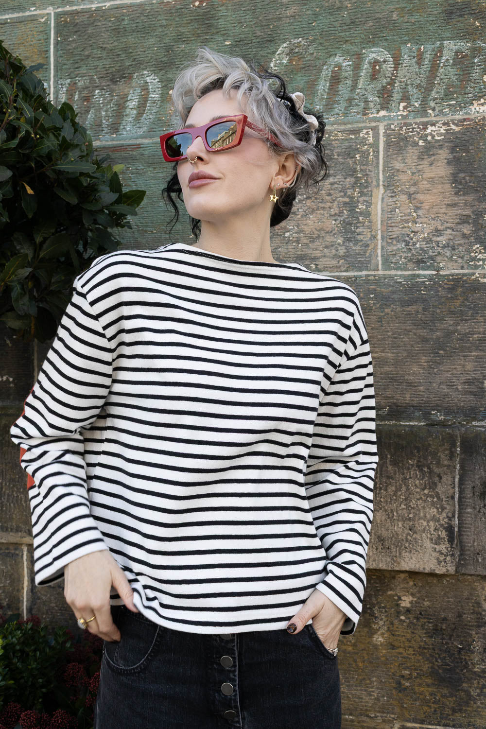 Elbow Patch Basque Long Sleeve T-Shirt - Black/White Stripe