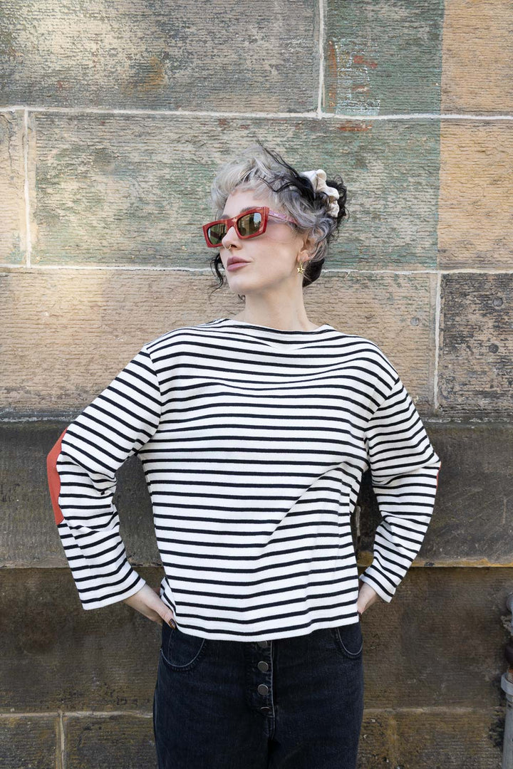 Elbow Patch Basque Long Sleeve T-Shirt - Black/White Stripe