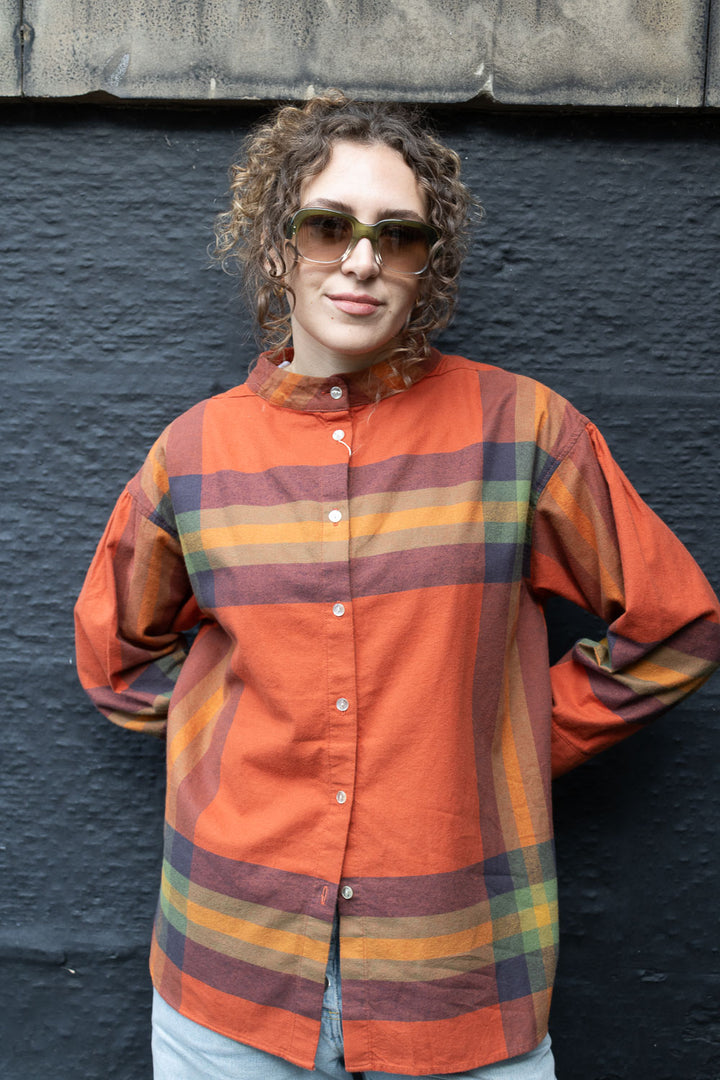 Boy Big Tartan High-Neck Collar Shirt - Orange