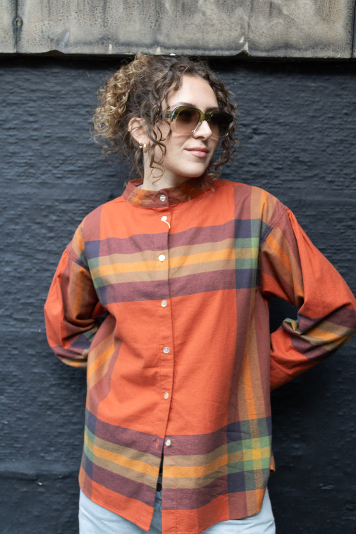 Boy Big Tartan High-Neck Collar Shirt - Orange