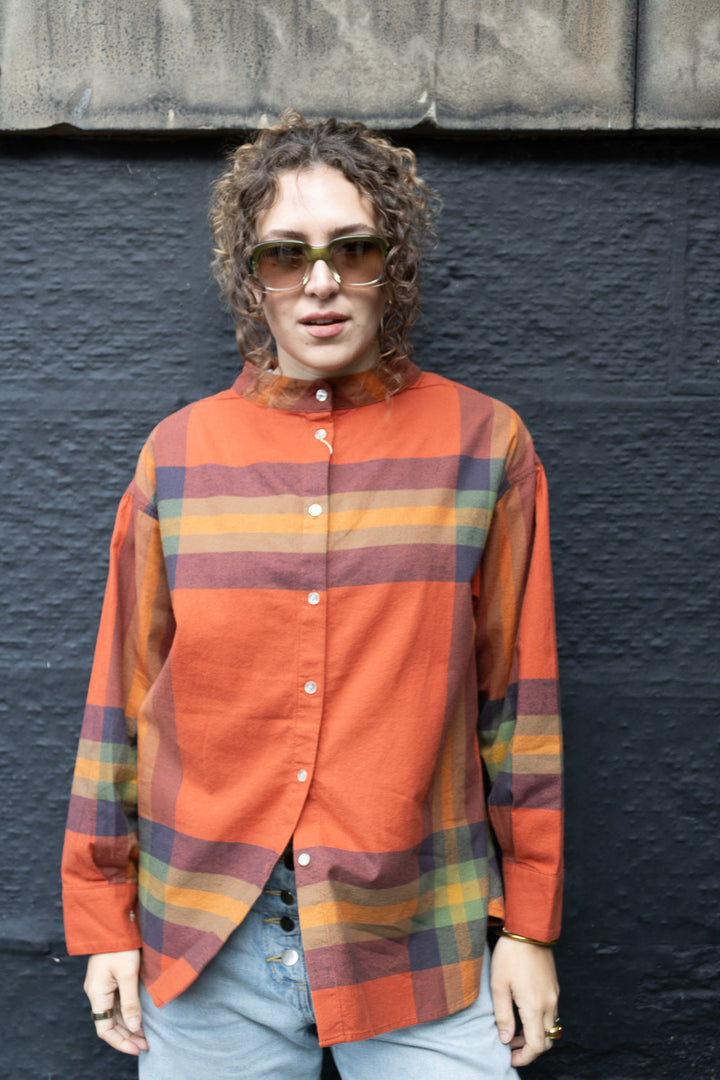 Boy Big Tartan High-Neck Collar Shirt - Orange