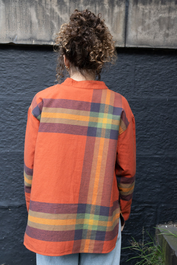 Boy Big Tartan High-Neck Collar Shirt - Orange
