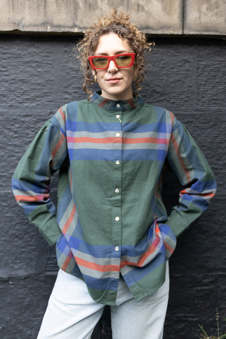 Boy Big Tartan High-Neck Collar Shirt - Dark Green
