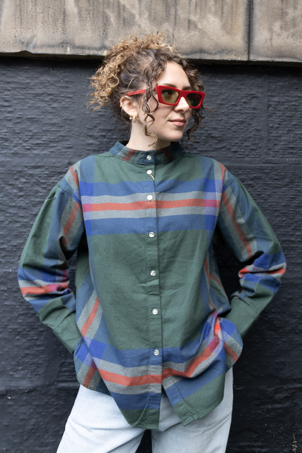 Boy Big Tartan High-Neck Collar Shirt - Dark Green