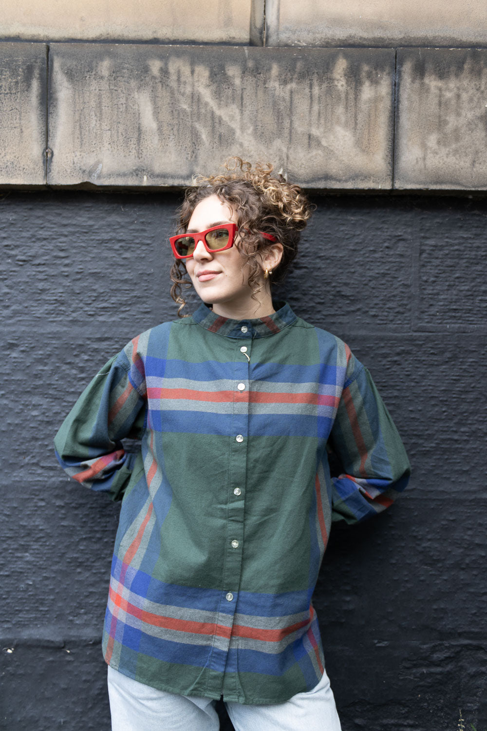 Boy Big Tartan High-Neck Collar Shirt - Dark Green