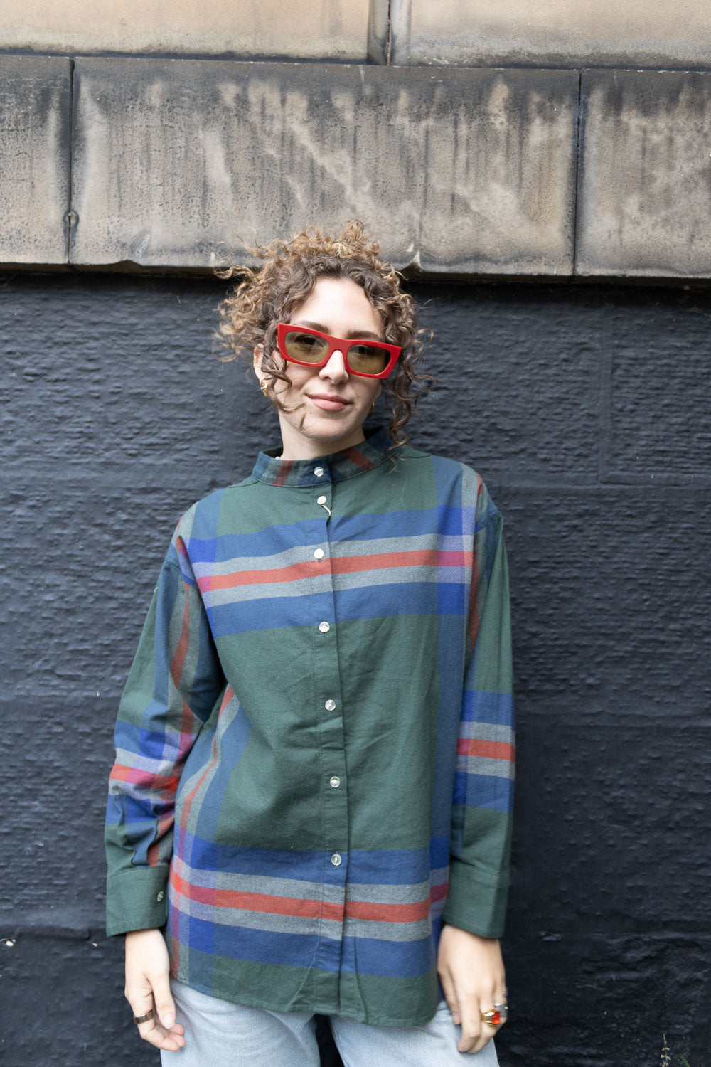 Boy Big Tartan High-Neck Collar Shirt - Dark Green