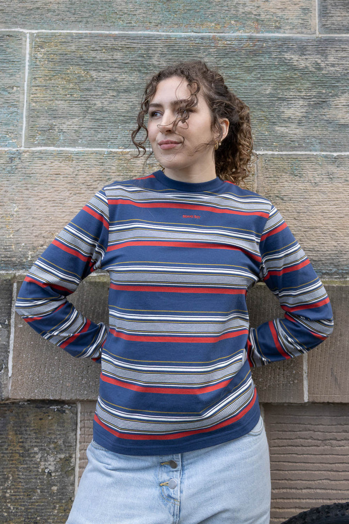 Embroidery Stripe Long Sleeve T-Shirt - Navy