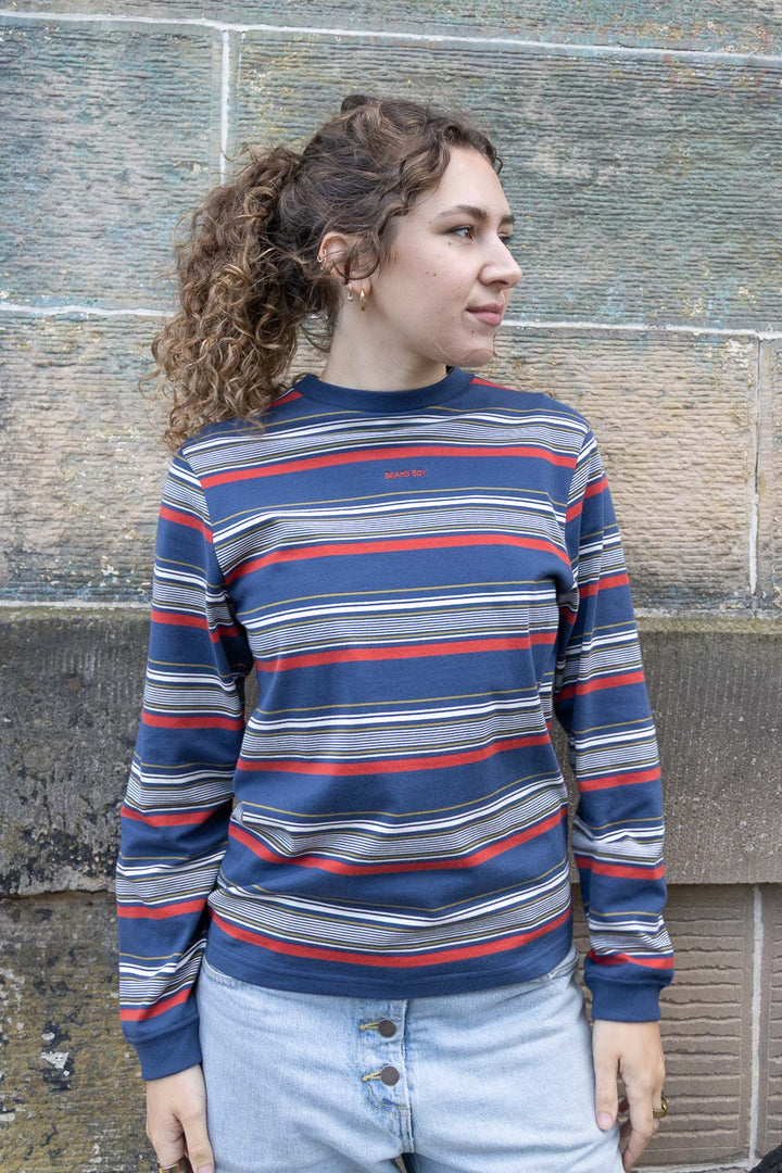 Embroidery Stripe Long Sleeve T-Shirt - Navy