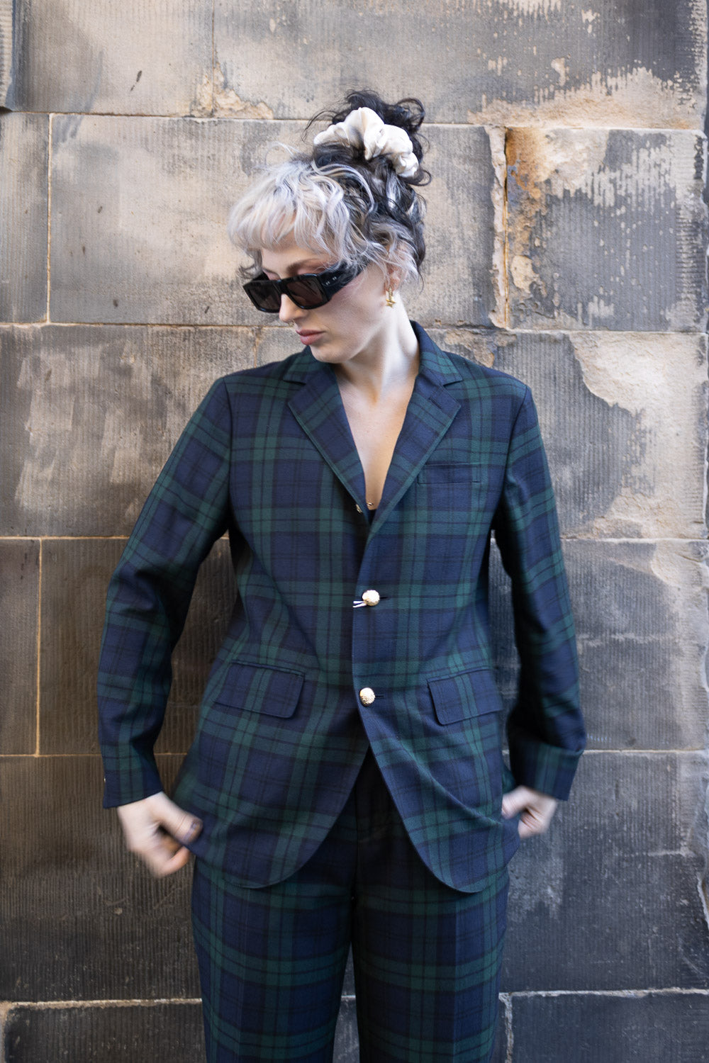 Polyester Wool Blend 3 Button Blazer - Black Watch