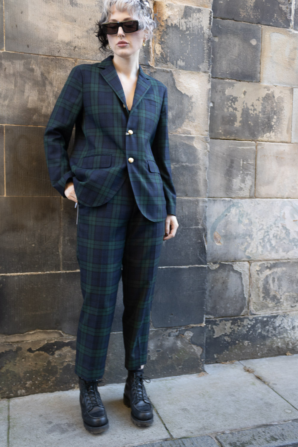 Polyester Wool Blend Cinch Buckle Trousers - Black Watch