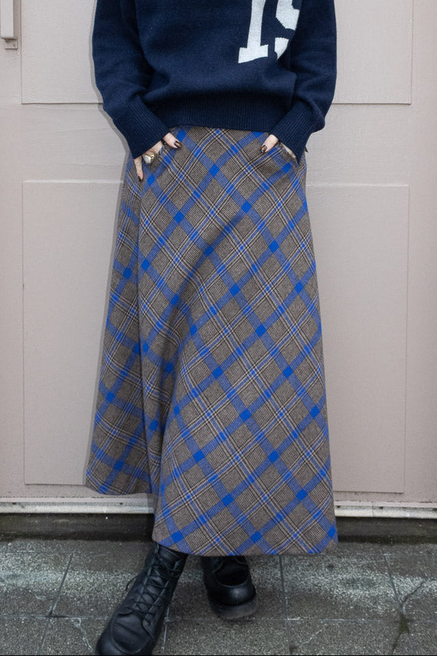 Check Long A-Line Skirt - Brown