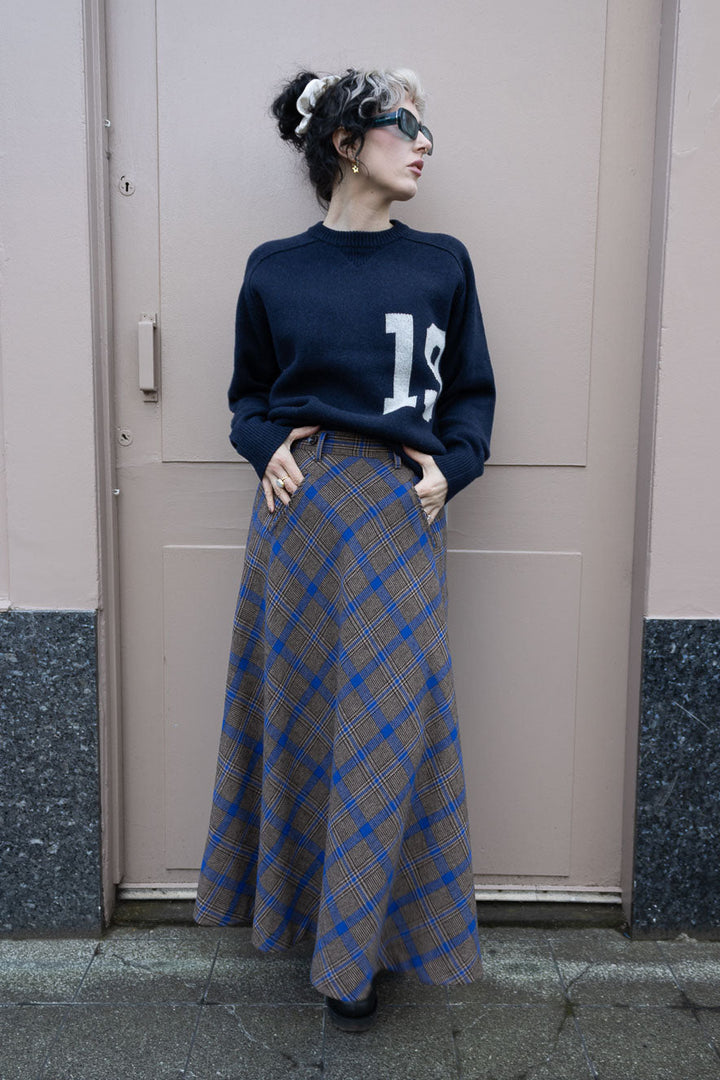 Check Long A-Line Skirt - Brown