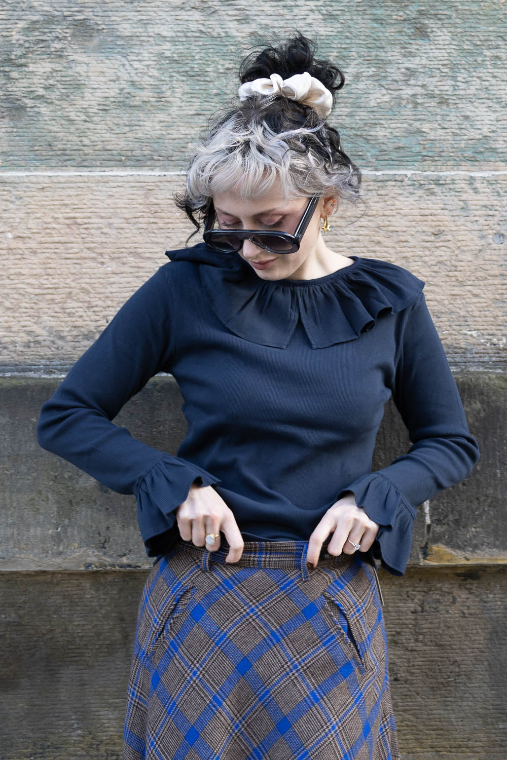 Rib Knitted Ruffle Gathered Long Sleeve T-Shirt - Navy