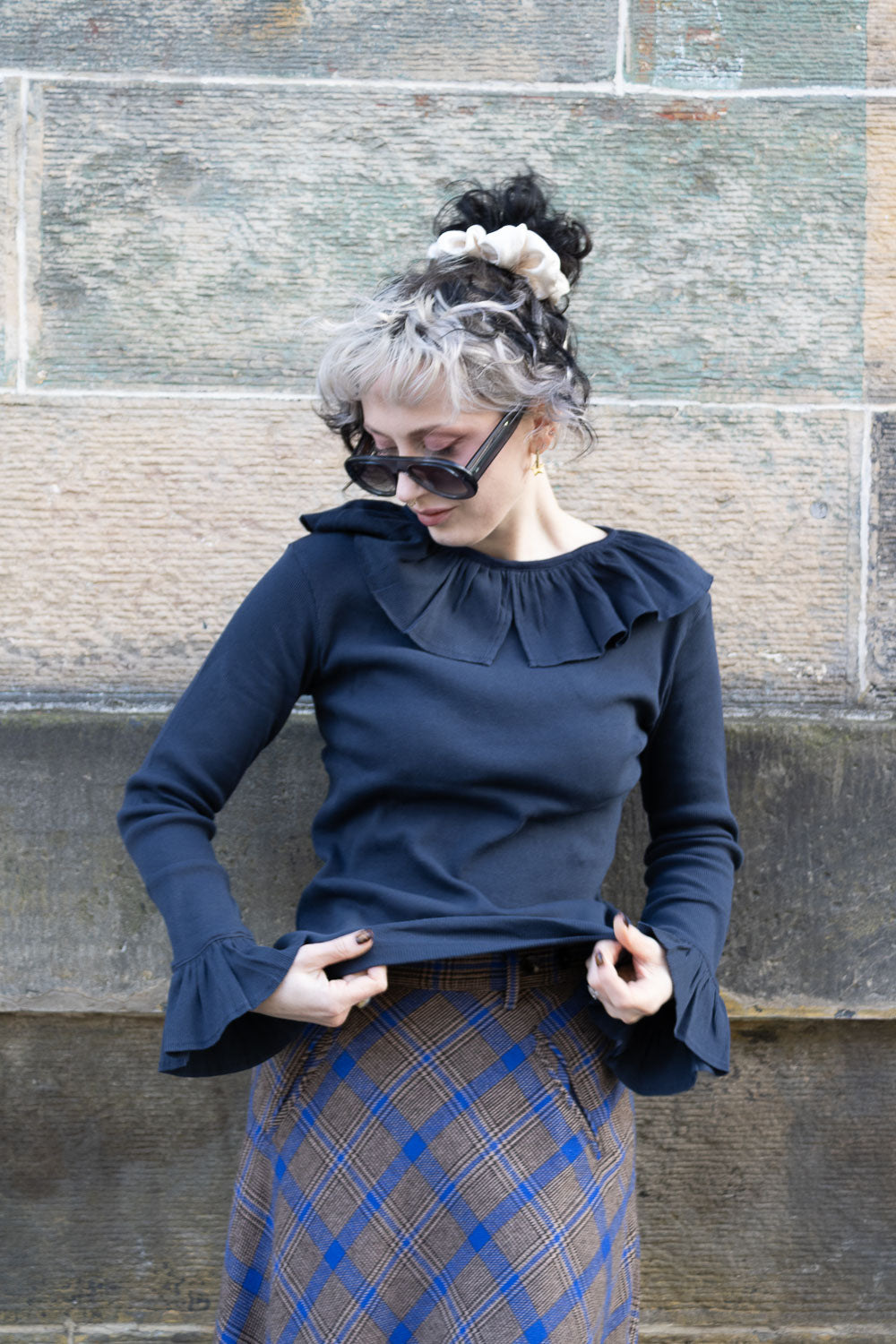 Rib Knitted Ruffle Gathered Long Sleeve T-Shirt - Navy