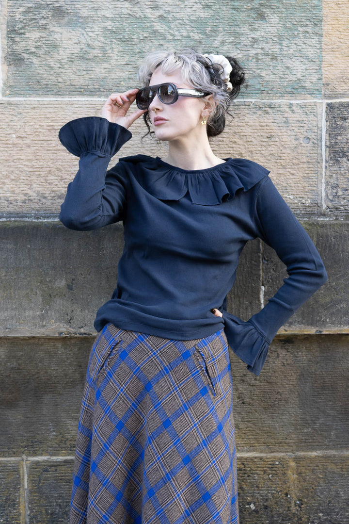 Rib Knitted Ruffle Gathered Long Sleeve T-Shirt - Navy