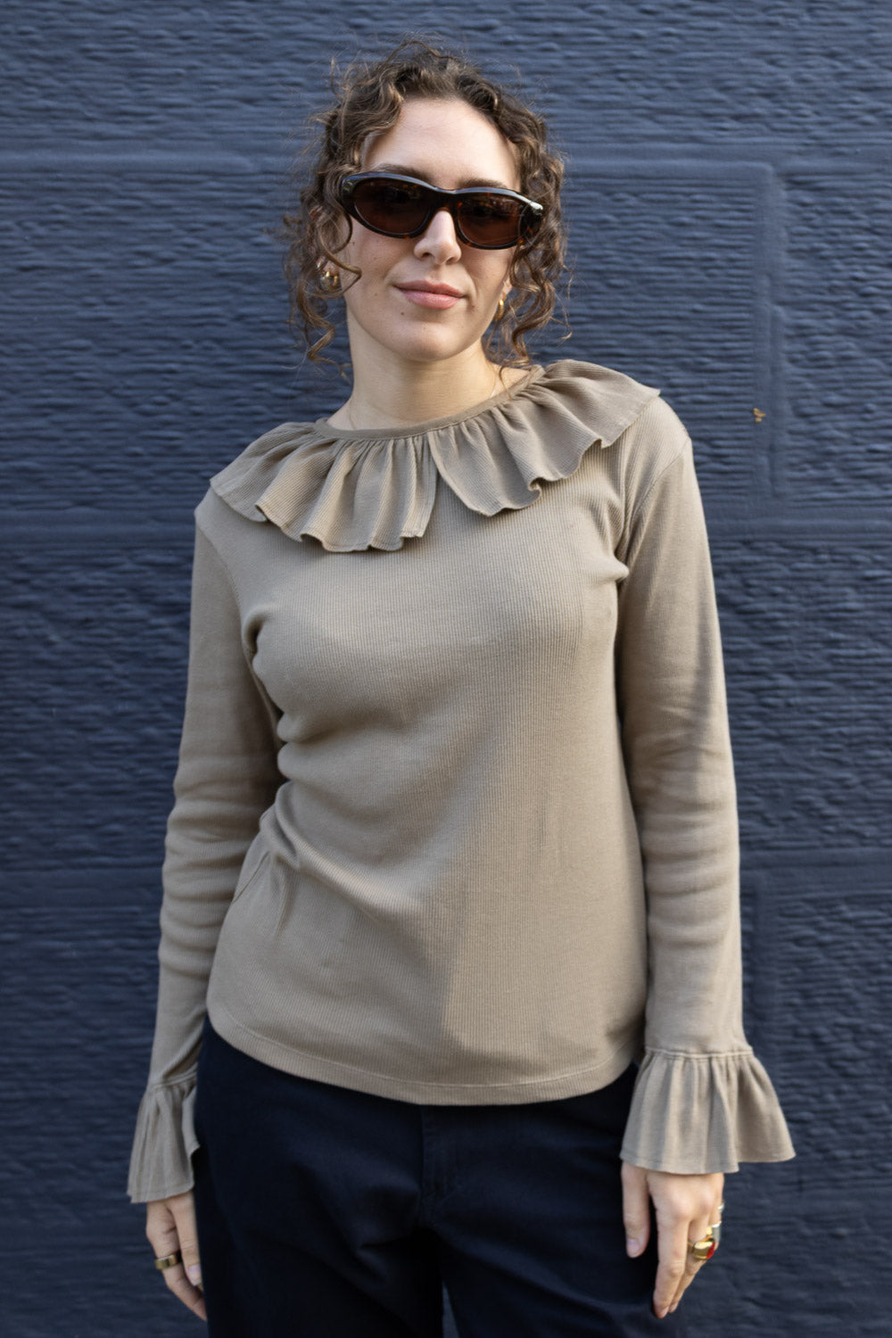 Rib Knitted Ruffle Gathered Long Sleeve T-Shirt - Beige