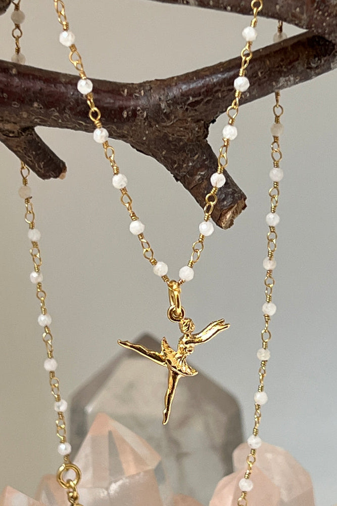 Tiny Ballerina Charm on Moonstone Rosary Necklace