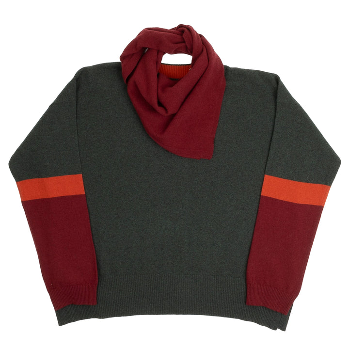 Boxy Jumper & Scarf - Forest Green/Burgundy