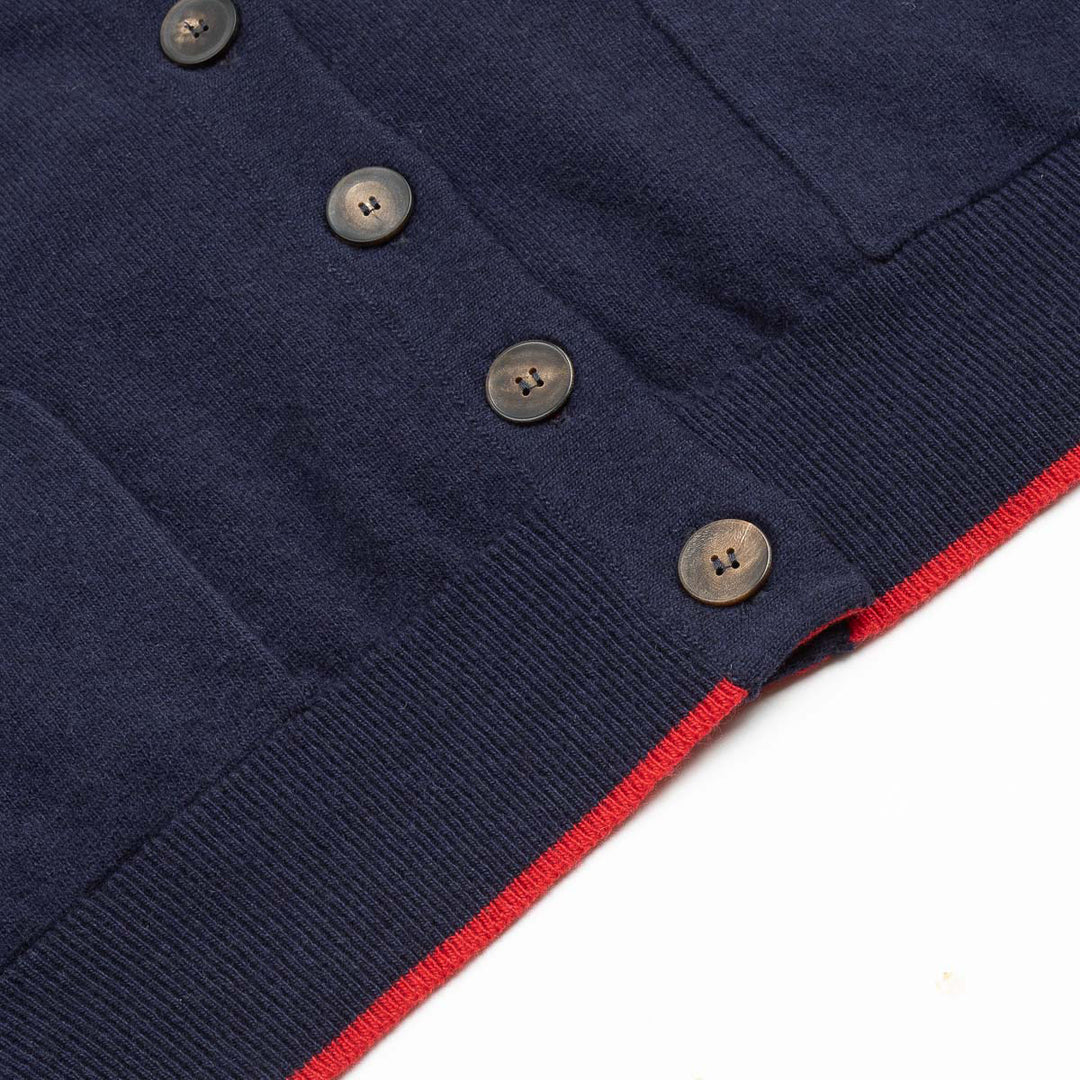 V-Neck Cardigan & Scarf - Navy/Crimson