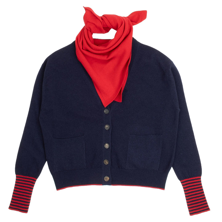 V-Neck Cardigan & Scarf - Navy/Crimson