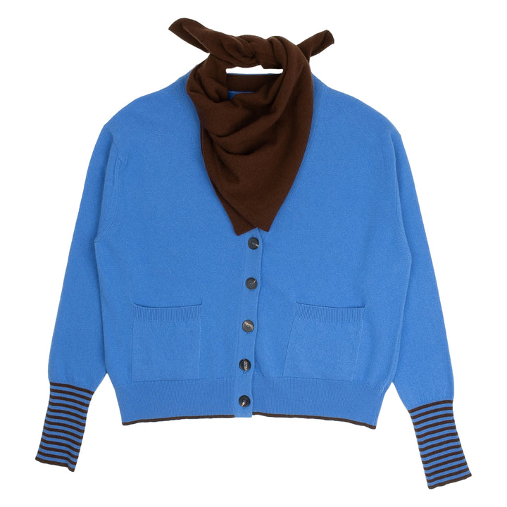 V-Neck Cardigan & Scarf - Delph Blue/Chocolate