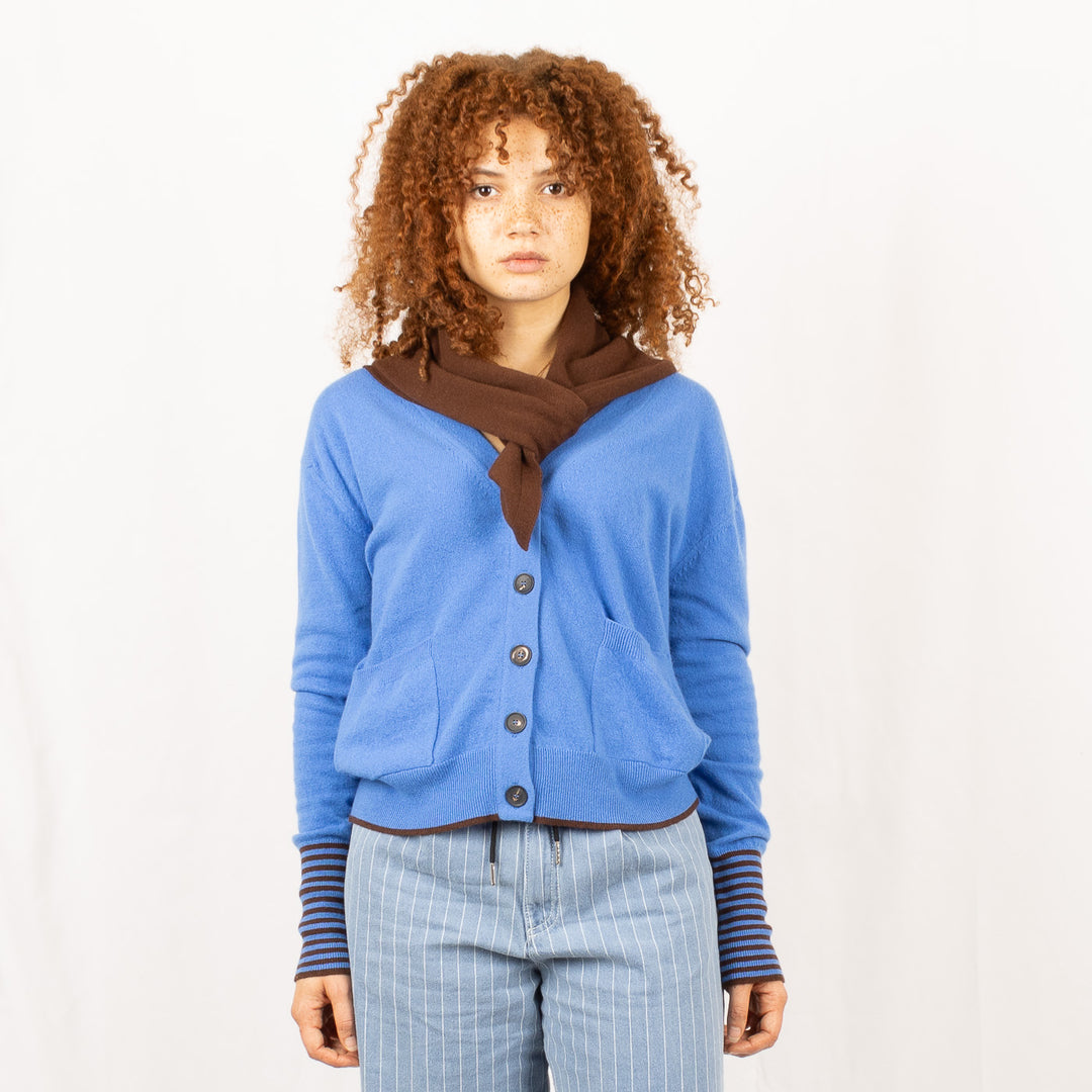 V-Neck Cardigan & Scarf - Delph Blue/Chocolate