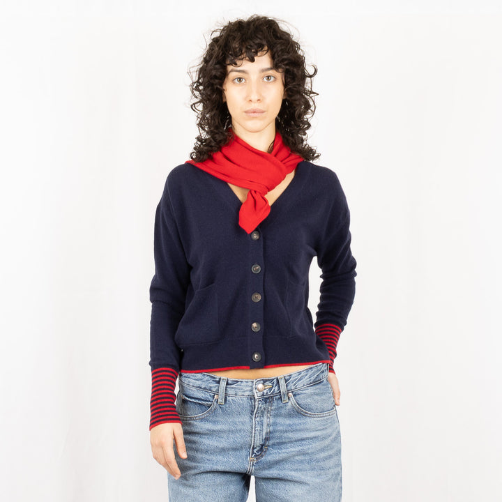 V-Neck Cardigan & Scarf - Navy/Crimson