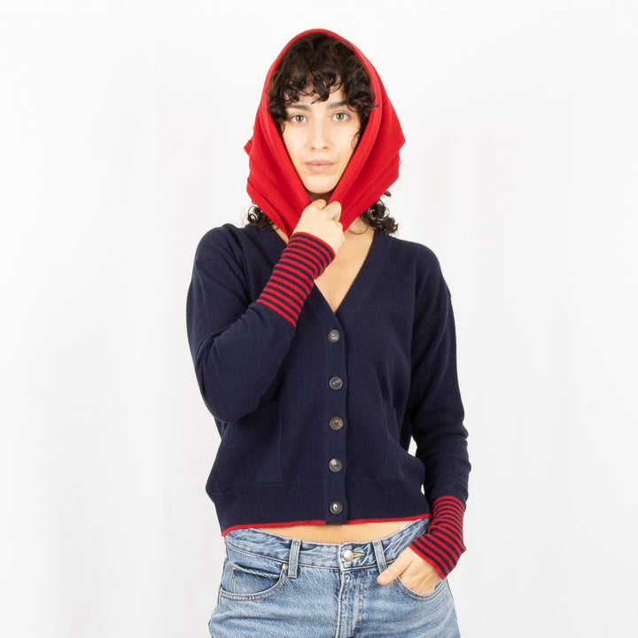 V-Neck Cardigan & Scarf - Navy/Crimson