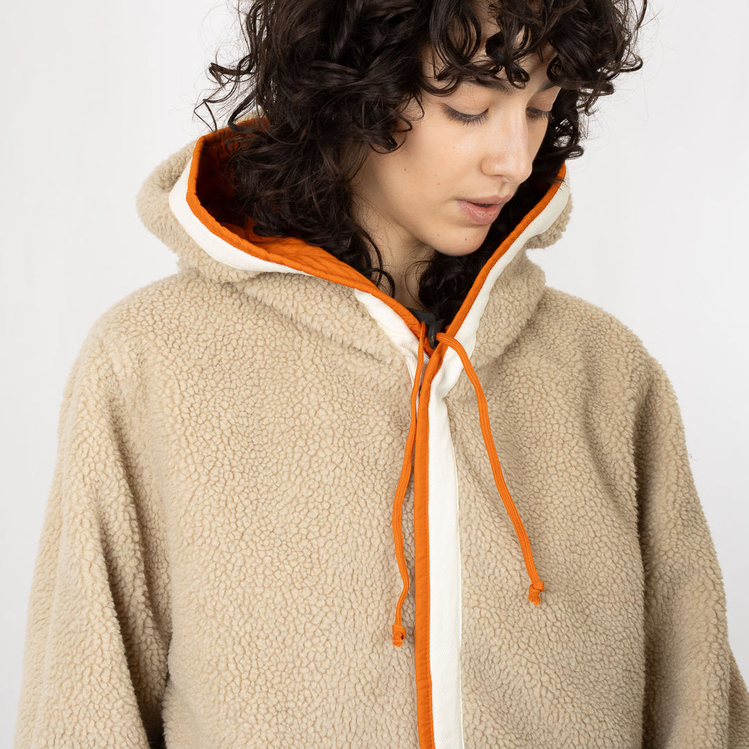 Reversible Hooded Sherpa Jacket - Orange/Sand