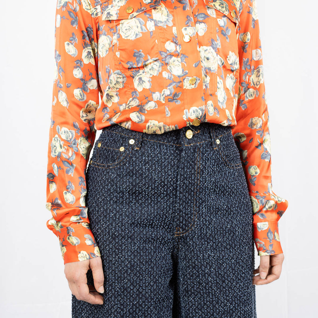 Orange Floral Printed Satin Shirt