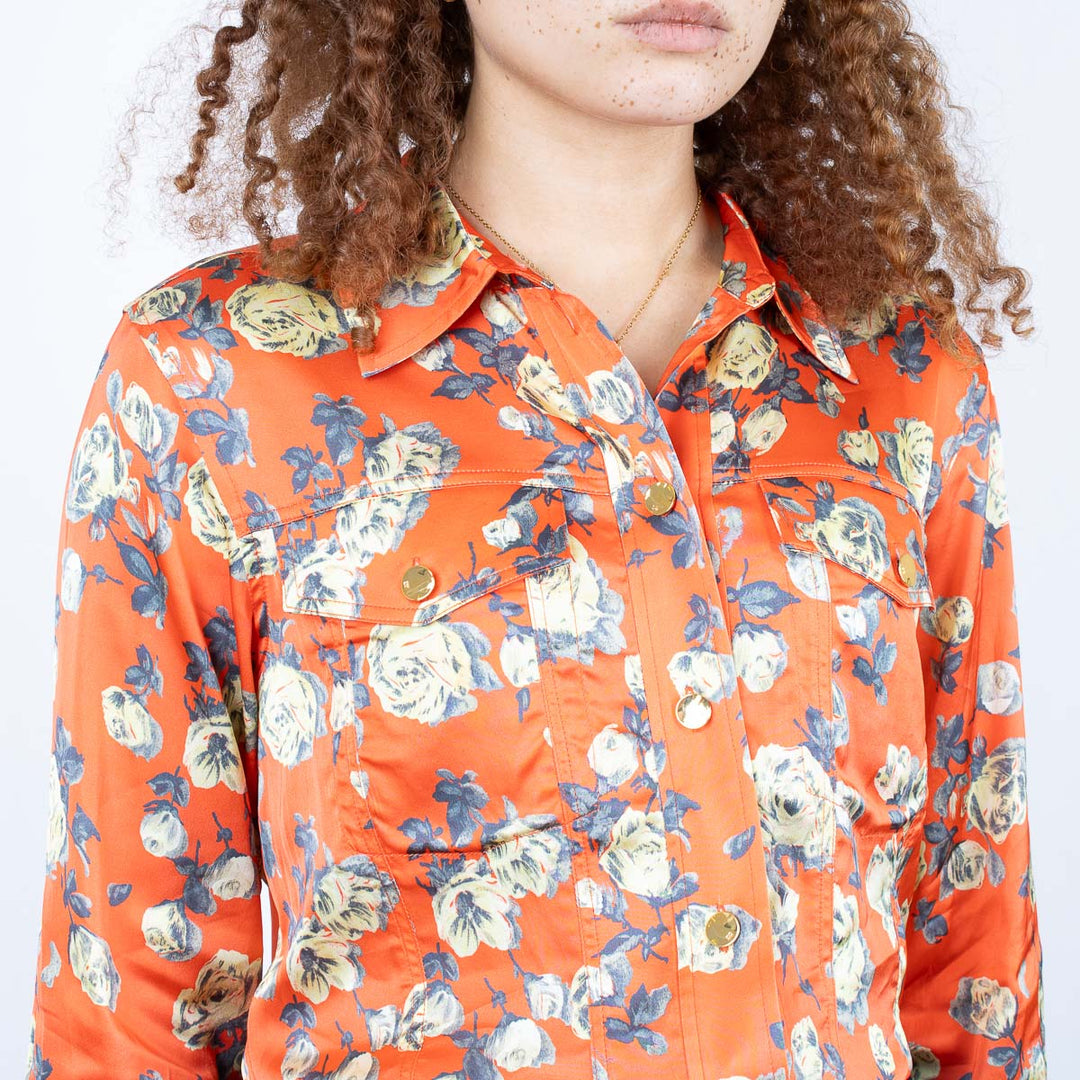 Orange Floral Printed Satin Shirt