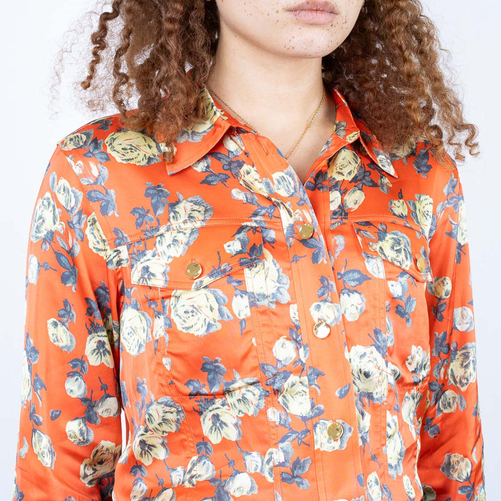 Orange Floral Printed Satin Shirt