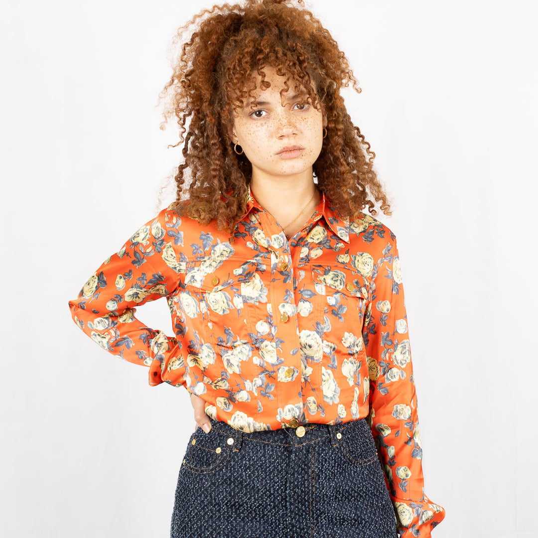 Orange Floral Printed Satin Shirt