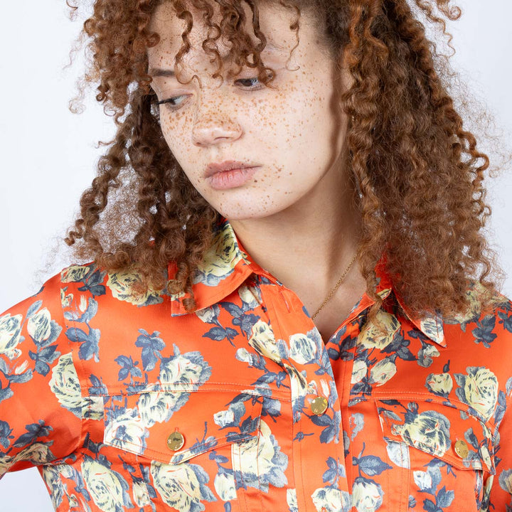 Orange Floral Printed Satin Shirt