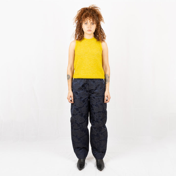 Botanical Jacquard Elasticated Curve Pants - Navy Blue