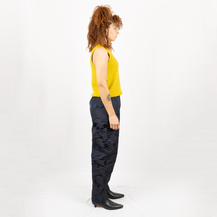 Botanical Jacquard Elasticated Curve Pants - Navy Blue