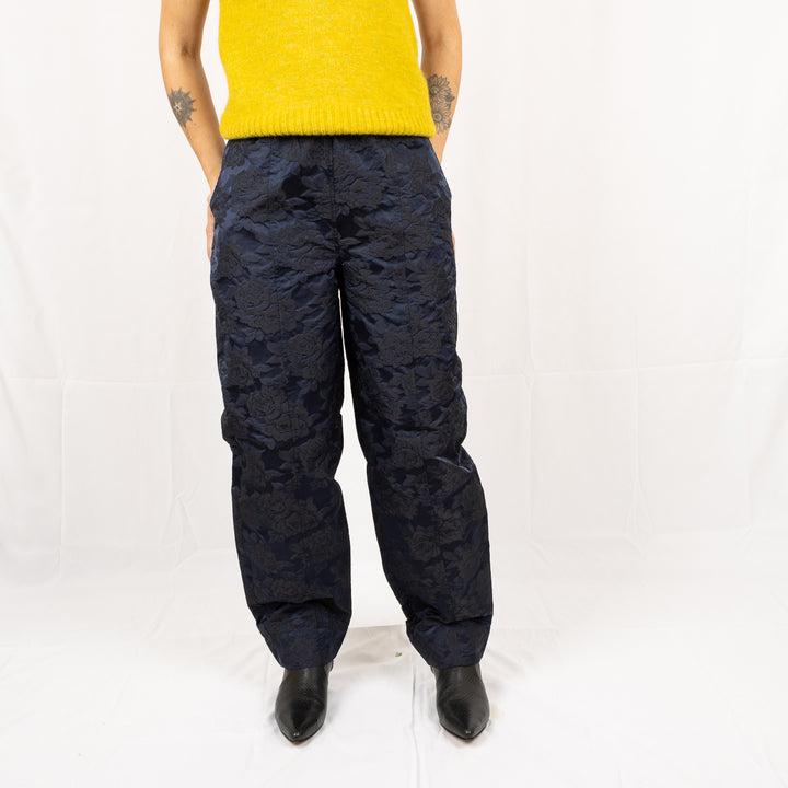 Botanical Jacquard Elasticated Curve Pants - Navy Blue