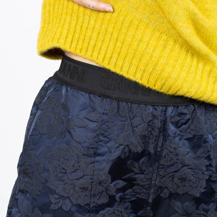 Botanical Jacquard Elasticated Curve Pants - Navy Blue