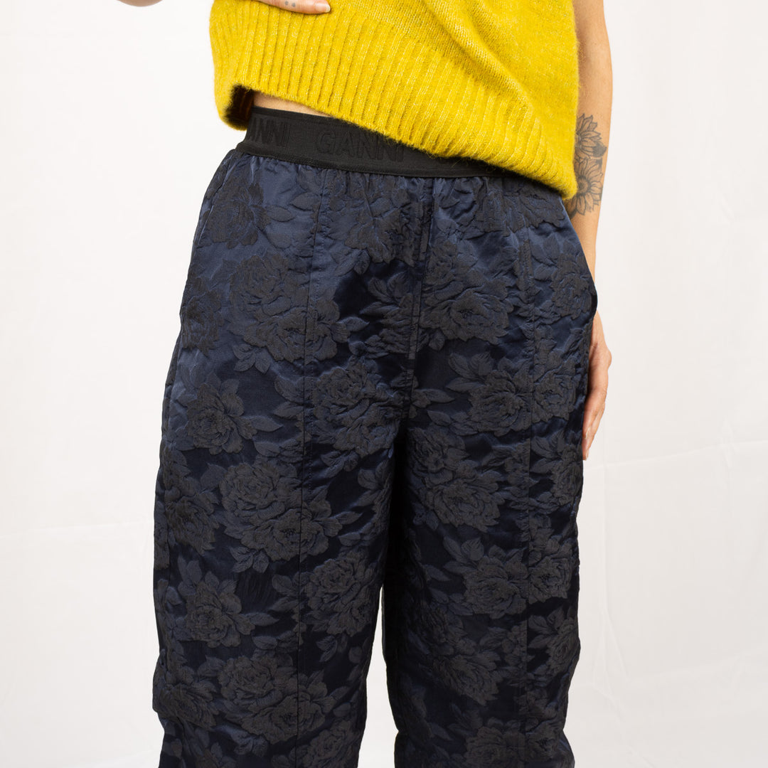 Botanical Jacquard Elasticated Curve Pants - Navy Blue