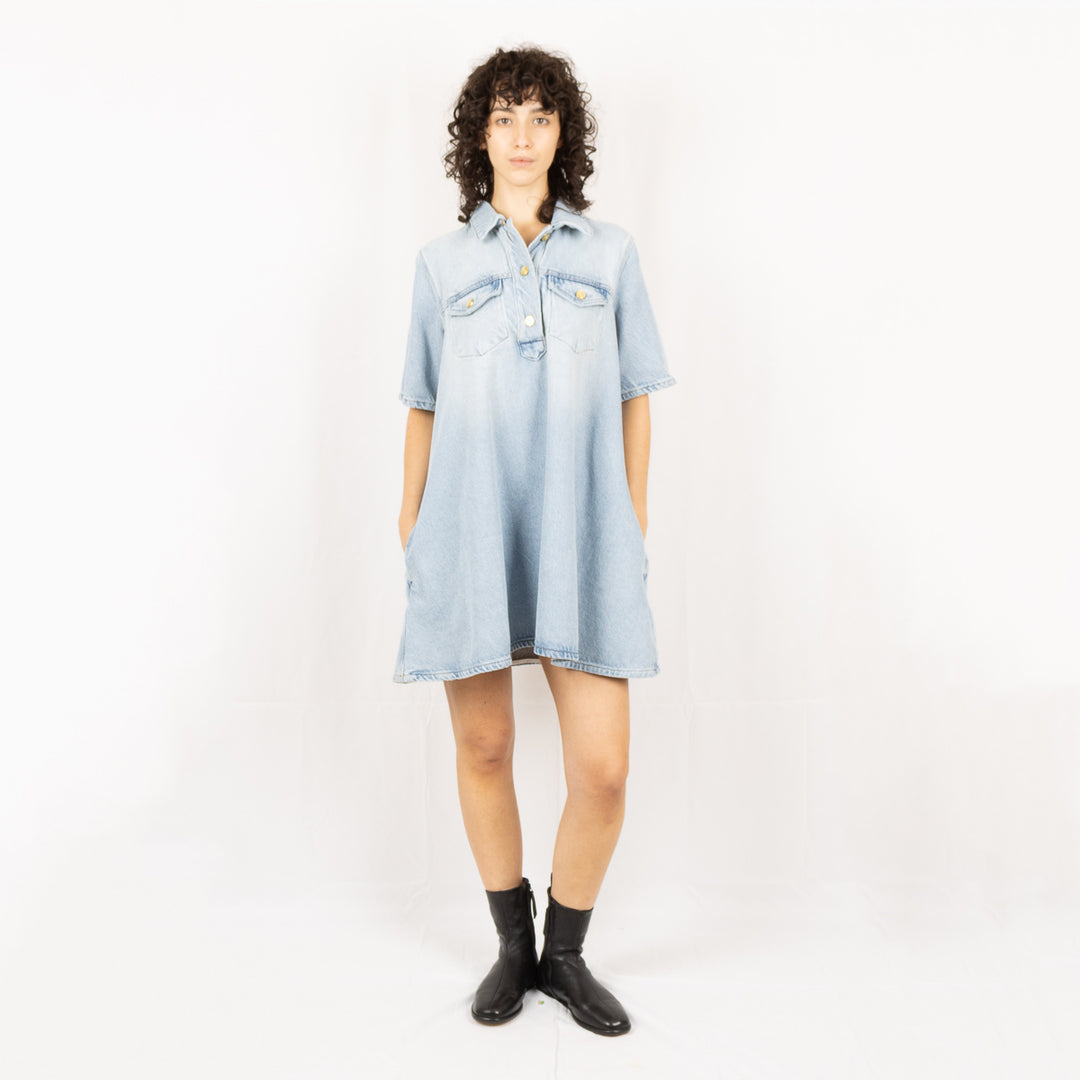 Blue Heavy Denim Midi Dress- Tint Wash