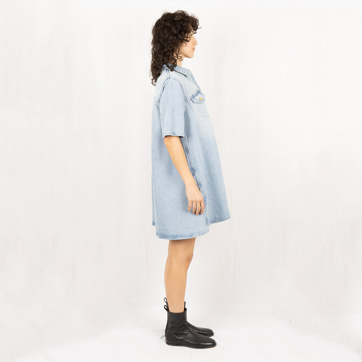 Blue Heavy Denim Midi Dress- Tint Wash